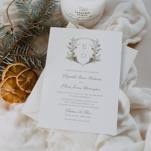 Romantic Winter Greenery Monogram Crest Wedding Invitation (Creator Uploaded)