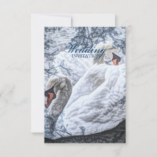 romantic winter lake white swan wedding invitation