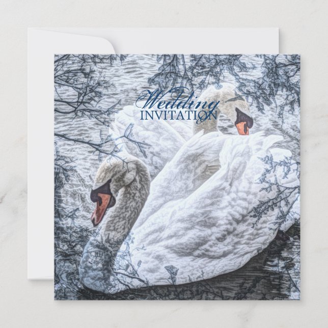 romantic winter lake white swan wedding invitation (Front)
