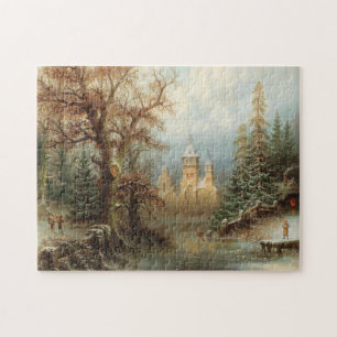 Romantic Winter Landscape with Ice Skaters Jigsaw Puzzle
