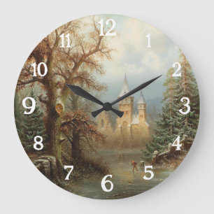 Romantic Winter Landscape with Ice Skaters Large Clock