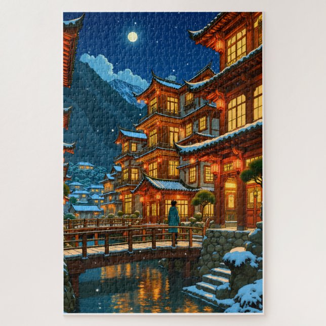Romantic Winter Night in a Japanese Onsen Town Jigsaw Puzzle (Vertical)