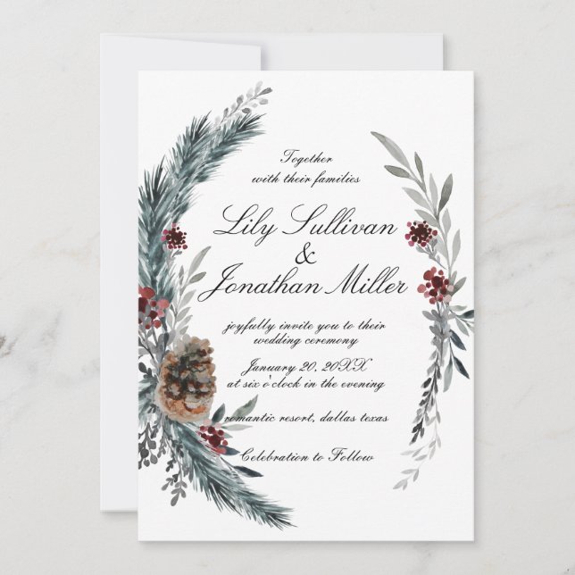 Romantic Winter Pine Fir Floral Frame Wedding Invitation (Front)