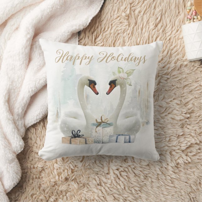 Romantic Winter Swans Happy Holidays Cushion (Blanket)