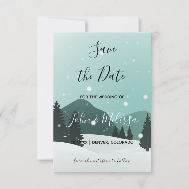 Romantic Winter Wedding Snowy Forest & Mountains Save The Date (Front)