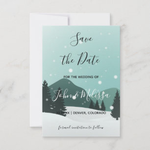 Romantic Winter Wedding Snowy Forest & Mountains Save The Date