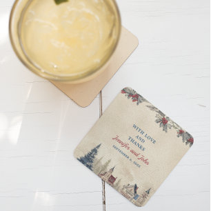 Romantic Winter Wedding Square Paper Coaster