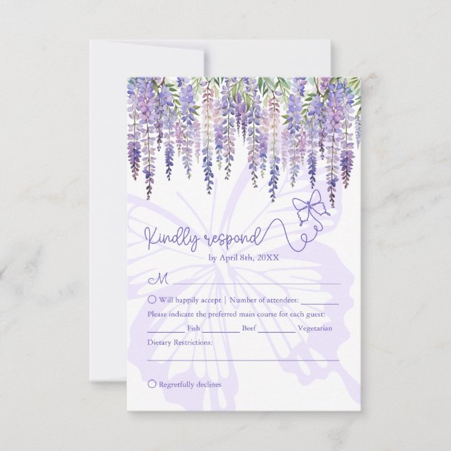 Romantic Wisteria & Butterfly Garden Wedding RSVP  Card (Front)