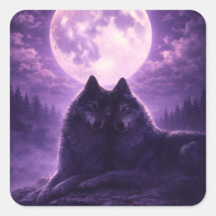 Romantic Wolf Couple Under Purple Full Moon Square Sticker