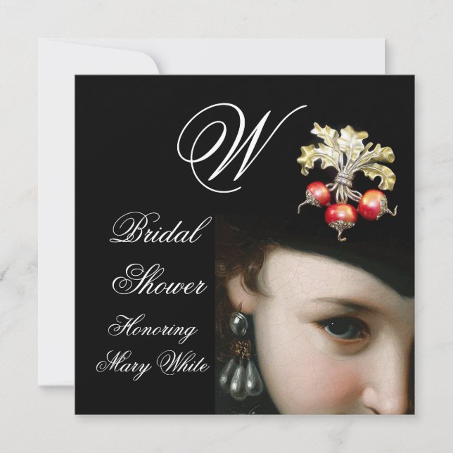 ROMANTIC WOMAN,ANTIQUE JEWELS,PEARLS BRIDAL SHOWER INVITATION (Front)