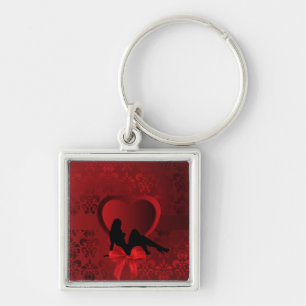 Romantic woman on red damask key ring