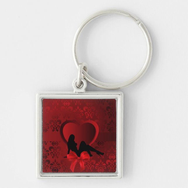 Romantic woman on red damask key ring (Front)