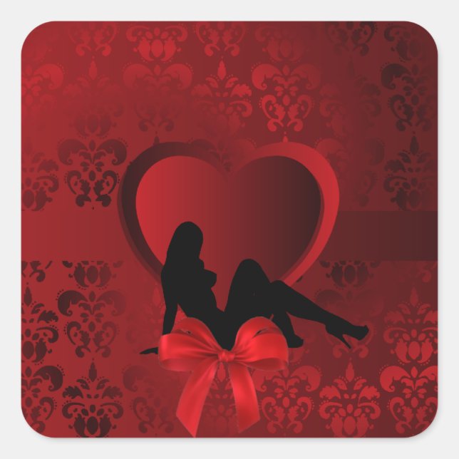 Romantic woman on red damask square sticker (Front)