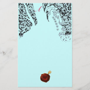 ROMANTIC WOMAN Red Wax Seal Monogram Aqua Blue Stationery