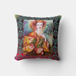 ROMANTIC WOMAN,SPARKLING PEACOCK FEATHER Burgundy Cushion
