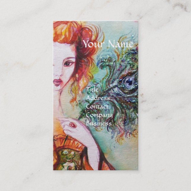 ROMANTIC WOMAN ,SPARKLING PEACOCK FEATHER Pearl Business Card (Front)