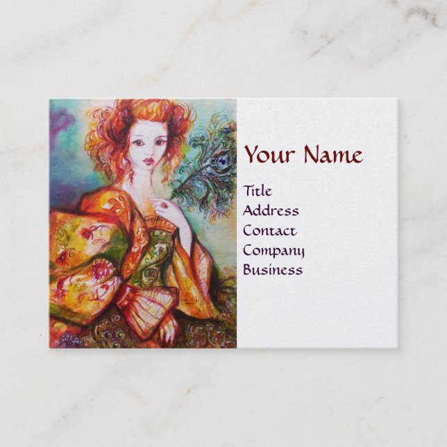 ROMANTIC WOMAN,SPARKLING PEACOCK FEATHER White Business Card (Front)