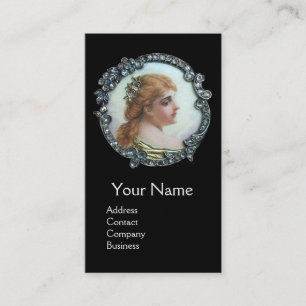 ROMANTIC WOMAN WITH DIAMOND FLOWERS VINTAGE ENAMEL BUSINESS CARD