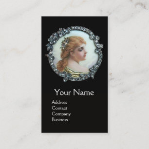 ROMANTIC WOMAN WITH DIAMOND FLOWERS VINTAGE ENAMEL BUSINESS CARD