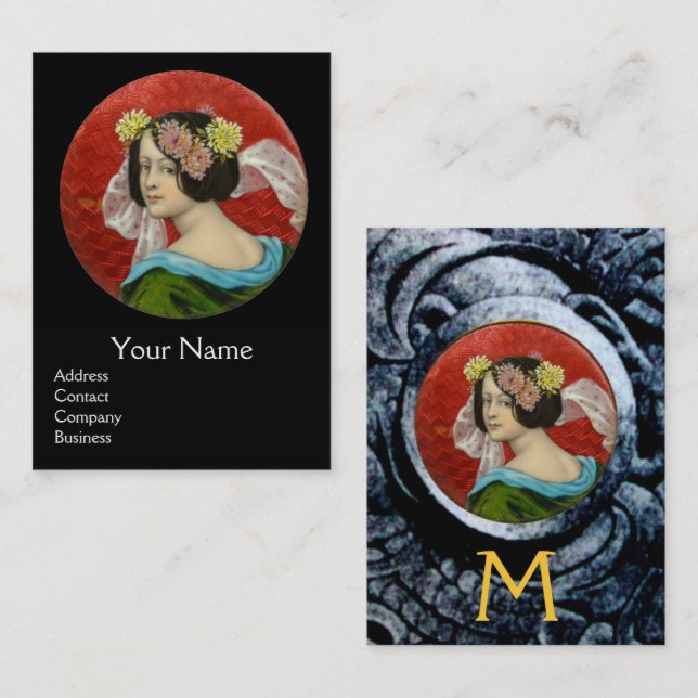 ROMANTIC WOMAN WITH FLOWERS AND FIGHTING GRYPHONS BUSINESS CARD (Front/Back)