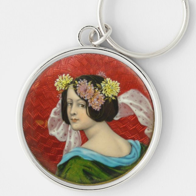ROMANTIC WOMAN WITH FLOWERS VINTAGE ENAMEL KEY RING (Front)