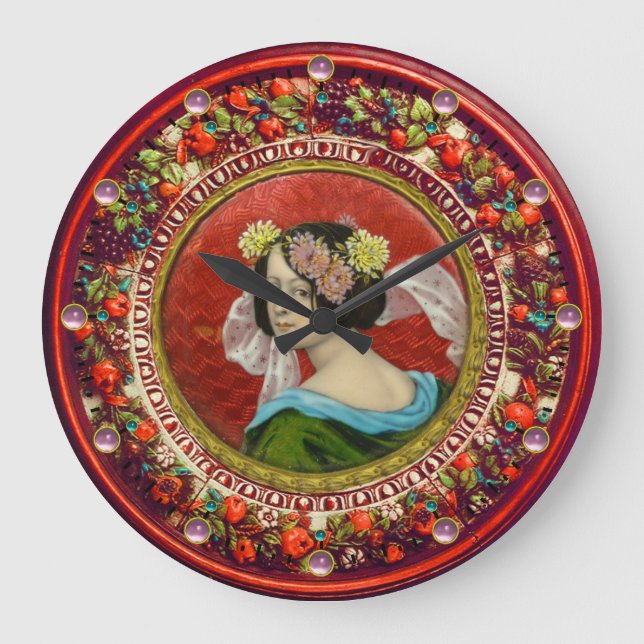 ROMANTIC WOMAN WITH FLOWERS VINTAGE ENAMEL LARGE CLOCK (Front)