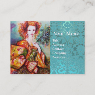 ROMANTIC WOMAN WITH PEACOCK FEATHER Blue Damask Business Card