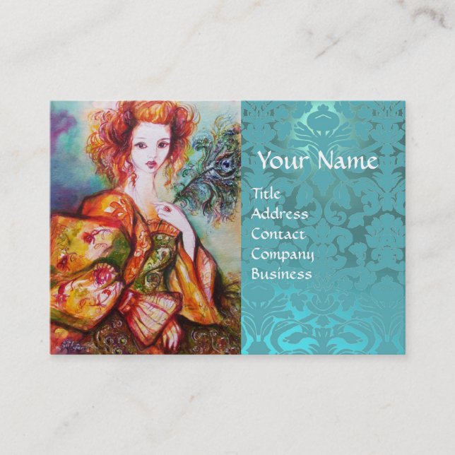 ROMANTIC WOMAN WITH PEACOCK FEATHER Blue Damask Business Card (Front)