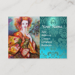 ROMANTIC WOMAN WITH PEACOCK FEATHER Blue Damask Business Card