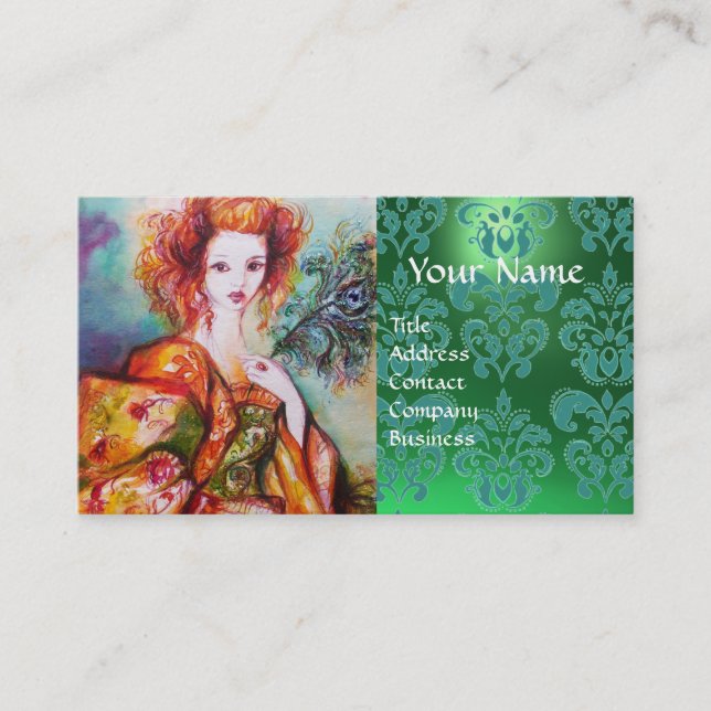 ROMANTIC WOMAN WITH PEACOCK FEATHER Green Damask Business Card (Front)