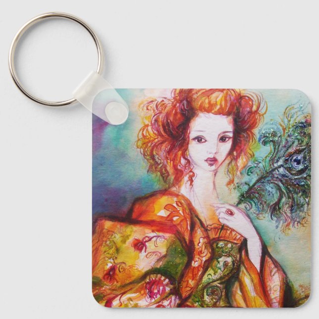 ROMANTIC WOMAN WITH PEACOCK FEATHER KEY RING (Front)