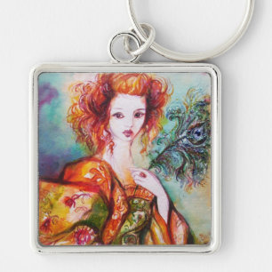 ROMANTIC WOMAN WITH PEACOCK FEATHER KEY RING