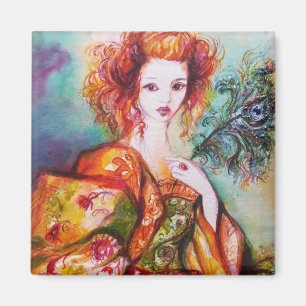 ROMANTIC WOMAN WITH PEACOCK FEATHER MAGNET