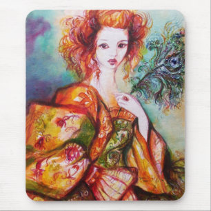 ROMANTIC WOMAN WITH PEACOCK FEATHER MOUSE MAT