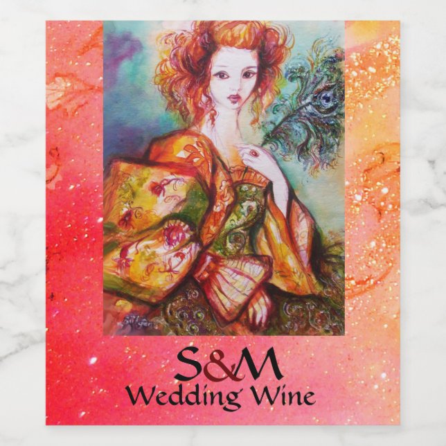 ROMANTIC WOMAN WITH PEACOCK FEATHER Pink Wedding Wine Label (Single Label)