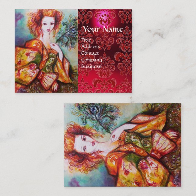 ROMANTIC WOMAN WITH PEACOCK FEATHER Red  Damask Business Card (Front/Back)