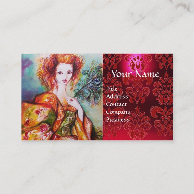 ROMANTIC WOMAN WITH PEACOCK FEATHER Red  Damask Business Card (Front)