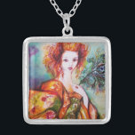 ROMANTIC WOMAN WITH PEACOCK FEATHER SILVER PLATED NECKLACE<br><div class="desc">Original contemporary watercolor painting with golden foil and iridescent colours in bright green, yellow orange ,  teal, turquase,  white .Elegant , beautiful sophisticated brunette woman, red, green sparkling gold fabrics of a baroque costume with peacock feathers .Painting by Bulgan Lumini (c).</div>