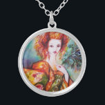 ROMANTIC WOMAN WITH PEACOCK FEATHER SILVER PLATED NECKLACE<br><div class="desc">Original contemporary watercolor painting with golden foil and iridescent colours in bright green, yellow orange ,  teal, turquase,  white .Elegant , beautiful sophisticated brunette woman, red, green sparkling gold fabrics of a baroque costume with peacock feathers .Painting by Bulgan Lumini (c).</div>