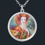 ROMANTIC WOMAN WITH PEACOCK FEATHER SILVER PLATED NECKLACE<br><div class="desc">Original contemporary watercolor painting with golden foil and iridescent colours in bright green, yellow orange ,  teal, turquase,  white .Elegant , beautiful sophisticated brunette woman, red, green sparkling gold fabrics of a baroque costume with peacock feathers .Painting by Bulgan Lumini (c).</div>