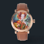 ROMANTIC WOMAN WITH PEACOCK FEATHER WATCH<br><div class="desc">Original contemporary watercolor painting with golden foil and iridescent colours in bright green, yellow orange ,  teal, turquase,  white .Elegant , beautiful sophisticated brunette woman, red, green sparkling gold fabrics of a baroque costume with peacock feathers .Painting by Bulgan Lumini (c).</div>