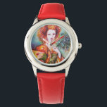 ROMANTIC WOMAN WITH PEACOCK FEATHER WATCH<br><div class="desc">Original contemporary watercolor painting with golden foil and iridescent colours in bright green, yellow orange ,  teal, turquase,  white .Elegant , beautiful sophisticated brunette woman, red, green sparkling gold fabrics of a baroque costume with peacock feathers .Painting by Bulgan Lumini (c).</div>