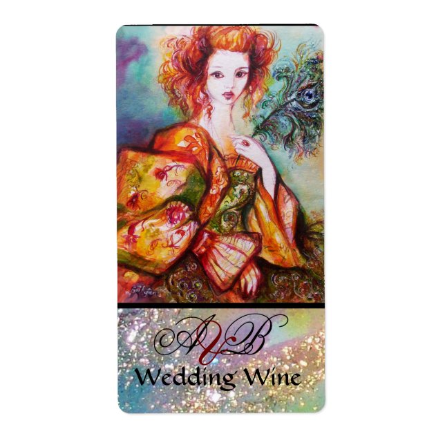 ROMANTIC WOMAN WITH PEACOCK FEATHER Wedding Wine (Front)