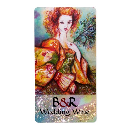 ROMANTIC WOMAN WITH PEACOCK FEATHER Wedding Wine Shipping Label