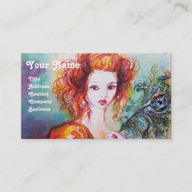 ROMANTIC WOMAN WITH SPARKLING PEACOCK FEATHER BUSINESS CARD (Front)