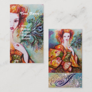 ROMANTIC WOMAN WITH SPARKLING PEACOCK FEATHER BUSINESS CARD