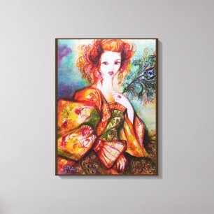 ROMANTIC WOMAN WITH SPARKLING PEACOCK FEATHER CANVAS PRINT