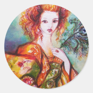 ROMANTIC WOMAN WITH SPARKLING PEACOCK FEATHER CLASSIC ROUND STICKER