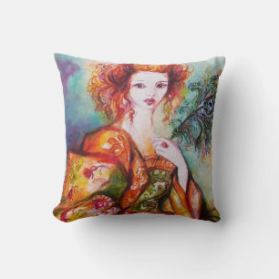 ROMANTIC WOMAN WITH SPARKLING PEACOCK FEATHER CUSHION