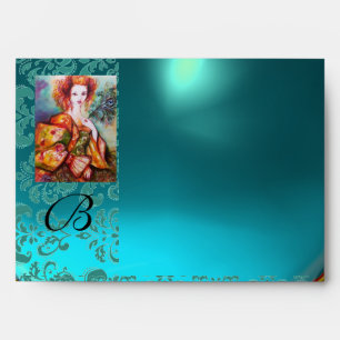 ROMANTIC WOMAN WITH SPARKLING PEACOCK FEATHER ENVELOPE